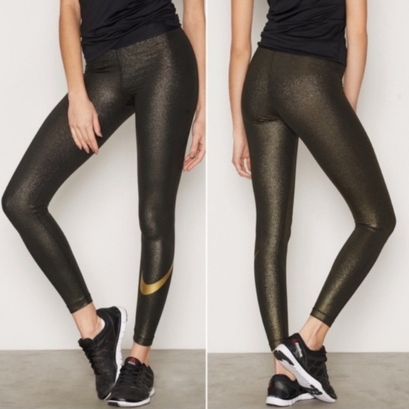 Nike Pro Dri Fit Black/Gold Metallic Swoosh Training Tights XS - Picture 1 of 10